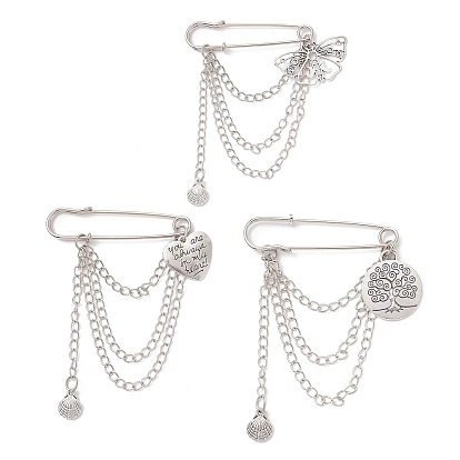 3 шт. сплав подвески килт булавки брошь, с железными булавками и кабельными цепями, сердце/дерево жизни/бабочка