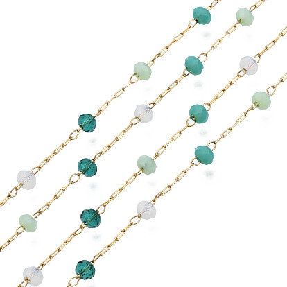 Glass Faceted Round Beaded Chains, with Real 14K Gold Plated 316 Stainless Steel Paperclip Chains, Soldered, with Spool