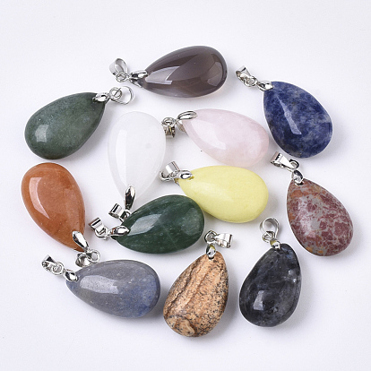 Natural Mixed Stone Pendants, with Platinum Plated Brass Ice Pick Pinch Bails, Teardrop