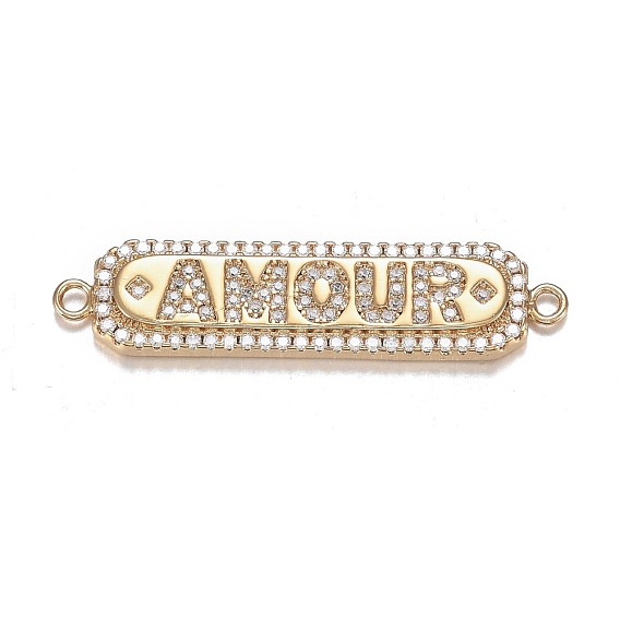 Brass Micro Clear Cubic Zirconia Links, Long-Lasting Plated, Rectangle with Word Amour