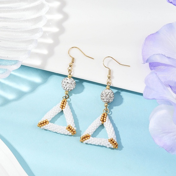 Серьги-подвески из треугольного бисера ручной работы, с бусинами из полимерной глины, треугольные, золотые