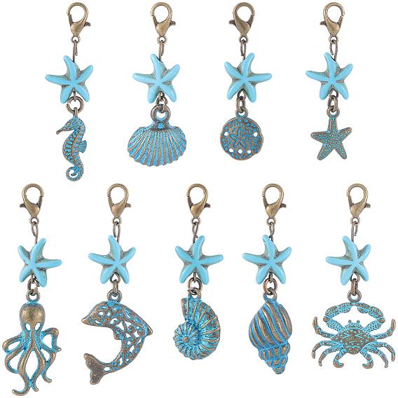 27 шт. 9 стили сплав с морской тематикой и подвесками из синтетической бирюзы, с карабин-лобстерами , разнообразные