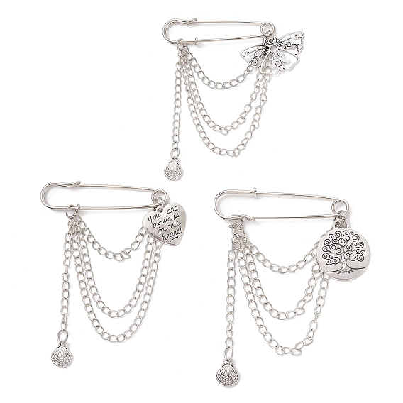 3 шт. сплав подвески килт булавки брошь, с железными булавками и кабельными цепями, сердце/дерево жизни/бабочка