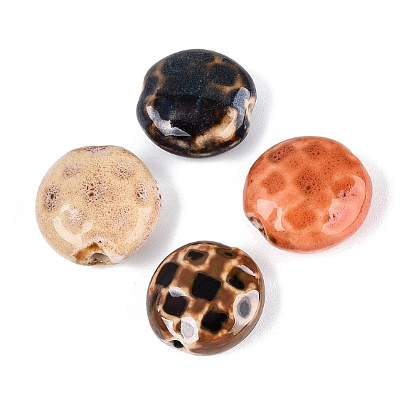 Vintage Handmade Porcelain Beads, Fancy Antique Glazed Porcelain, Flat Round
