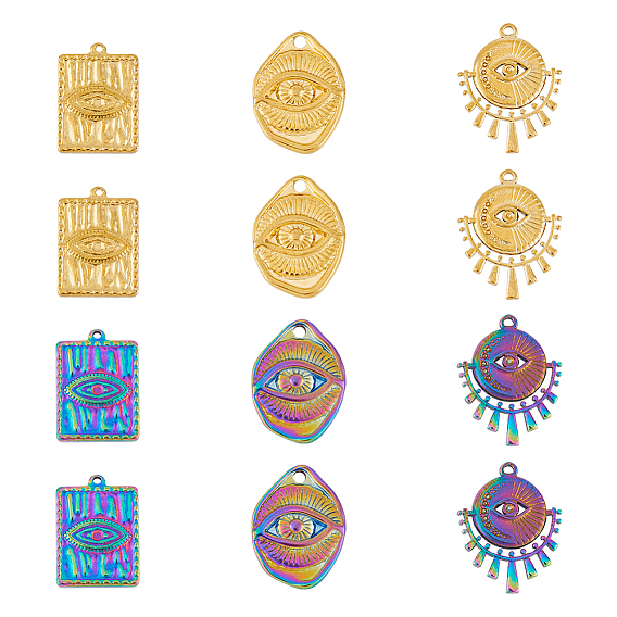 12 шт. 6 стили 304 подвески из нержавеющей стали со стразами, волна текстурированная, овальные и прямоугольные с подвесками в виде глаз и подвесками в виде глаз