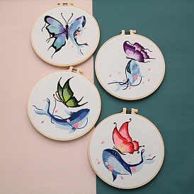 Kits de inicio de bordado de mariposas y ballenas diy, incluyendo tela e hilo de bordar, aguja, bastidor de bordado, hoja de instrucciones