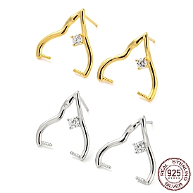 925 Sterling Silver with Clear Cubic Zirconia Stud Earring Findings, for Half Drilled Beads, with S925 Stamp