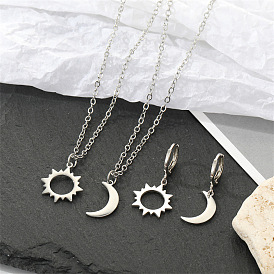 Minimalist Stainless Steel Sun Moon Earrings Necklace Set with Asymmetrical Design