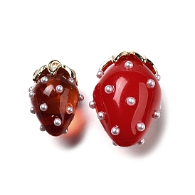 Подвески из акрила и латуни в виде клубники, с ABS имитации жемчуга, без свинца и без кадмия, стойки покрытие, долговечный, золотые