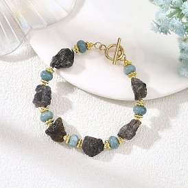 Raw Rough Natural Iolite & Dyed White Jade Beaded Bracelets for Women, with 304 Stainless Steel Toggle Clasps