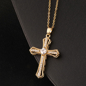 Hip Hop Style Cross Necklace with High-end and Unique Pendant, Gold Plated Copper Micro Inlaid Zircon Stone Pendant.