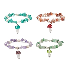 4Pcs 4 Style Natural & Synthetic Mixed Gemstone Chips & Glass Pearl Beaded Stretch Bracelets Set, Lampwork Mushroom Charms Stackable Bracelets for Women