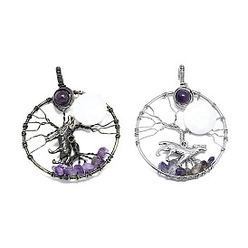 Крупные подвески из натурального аметиста и белой ракушки, обвитые медной проволокой, древо жизни с леопардовыми подвесками