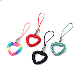 Heart Braided Nylon Cord Mobile Accessories, Phone Hanging Pendant Decor, with Alloy Skull Beads, European Brass Beads & Iron Findings