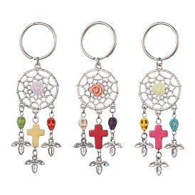 Porte-clés en alliage, avec perles turquoise synthétiques et porte-clés fendus en fer, fleur, croix