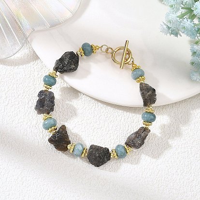Raw Rough Natural Iolite & Dyed White Jade Beaded Bracelets for Women, with 304 Stainless Steel Toggle Clasps