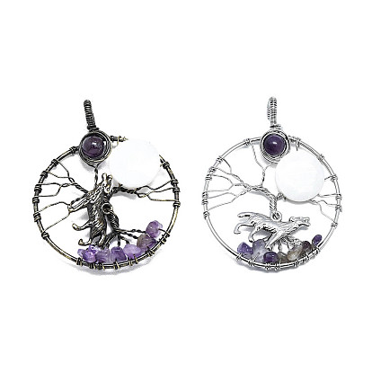 Крупные подвески из натурального аметиста и белой ракушки, обвитые медной проволокой, древо жизни с леопардовыми подвесками