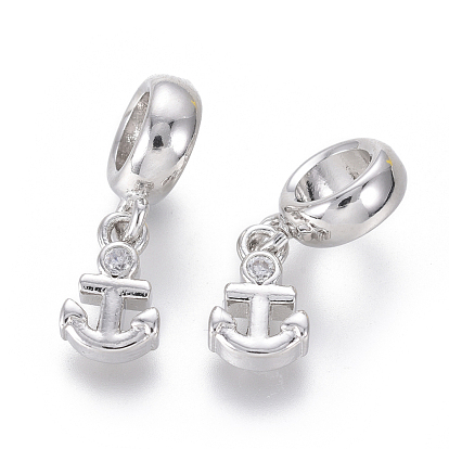 Brass Micro Pave Clear Cubic Zirconia European Dangle Charms, Large Hole Pendants, Anchor