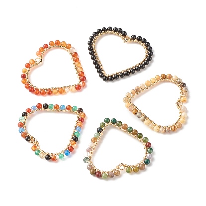 Dyed Natural Gemstone Pendants, with Brass & Copper Findings, Heart, Golden, Mixed Color