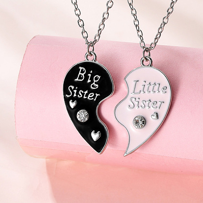 Ожерелья из сплава с черной и розовой эмалью в виде большой сестры и маленькой сестры с сердечками, ожерелья дружбы из кристаллов и страз для женщин