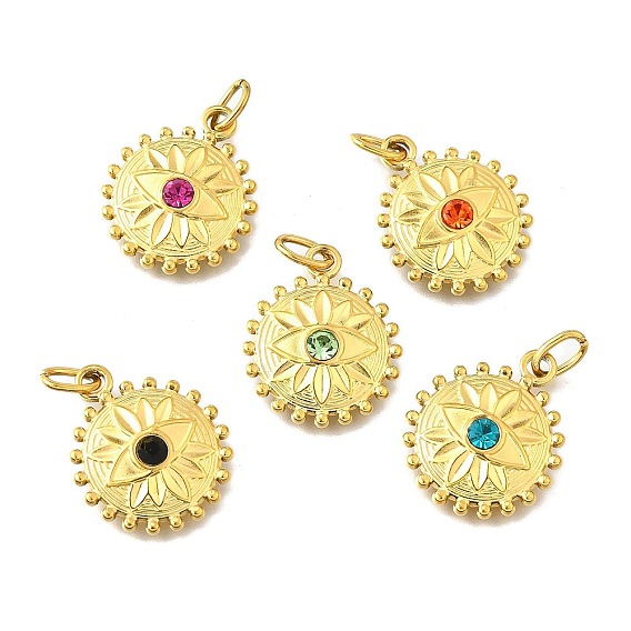 304 из нержавеющей стали горный хрусталь подвески, ионное покрытие (ip), реальный 14 k позолоченный, плоские круглые с цветком