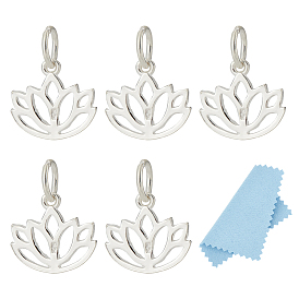 5шт. 925 подвески из стерлингового серебра, цветок лотоса, с прыгающими кольцами и 925 штампом, с замшевой тканью из поликарбоната квадратной серебряной полировальной салфеткой