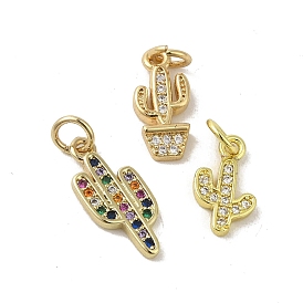 Real 18K Gold Plated Brass Pave Cubic Zirconia Pendants, with Jump Rings, Cactus