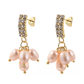 Brass Dangle Stud Earrings, with Natural Pearl Beads, Crystal Rhinestones and Ear Nuts