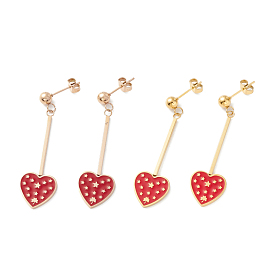 Red Heart with Star Enamel Long Dangle Earrings, Drop Earrings for Women