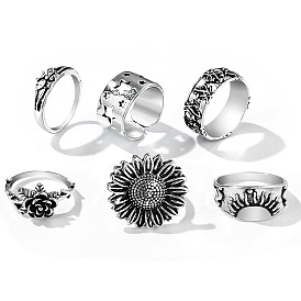 6Pcs 6 Styles Retro Floral Alloy Finger Rings, Bohemia Style Rings for Women