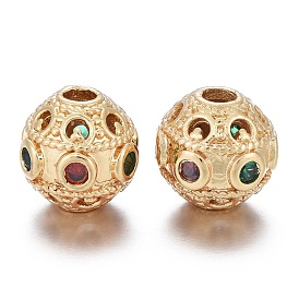 Brass Micro Pave Cubic Zirconia Beads, Bumpy, Hollow, Long-Lasting Plated, Round, Red & Green