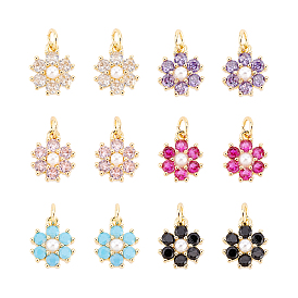 12 Stück 6 Farben Rack-Beschichtung Messing Micro Pave Zirkonia Charms, mit Perle, echt 18 k vergoldet, Blume