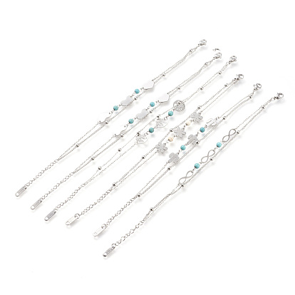 304 Stainless Steel Multi-strand Bracelets, with Synthetic Turquoise Beads and Lobster Claw Clasps, Mixed Shape