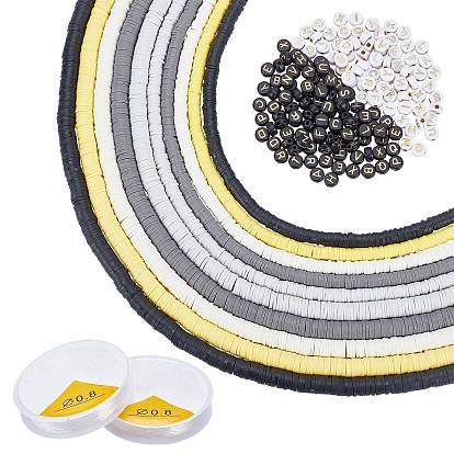 Flat Round Handmade Polymer Clay Beads, Disc Heishi Beads & Acrylic Beads, with Elastic Stretch Thread