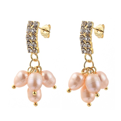 Brass Dangle Stud Earrings, with Natural Pearl Beads, Crystal Rhinestones and Ear Nuts