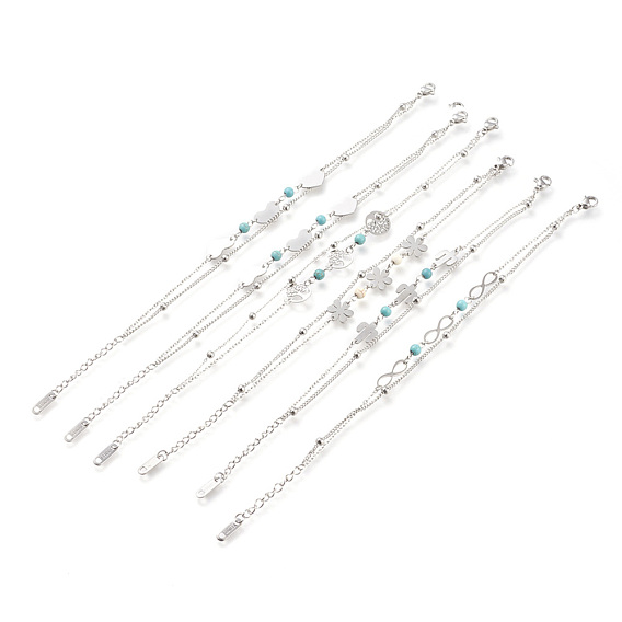 304 Stainless Steel Multi-strand Bracelets, with Synthetic Turquoise Beads and Lobster Claw Clasps, Mixed Shape