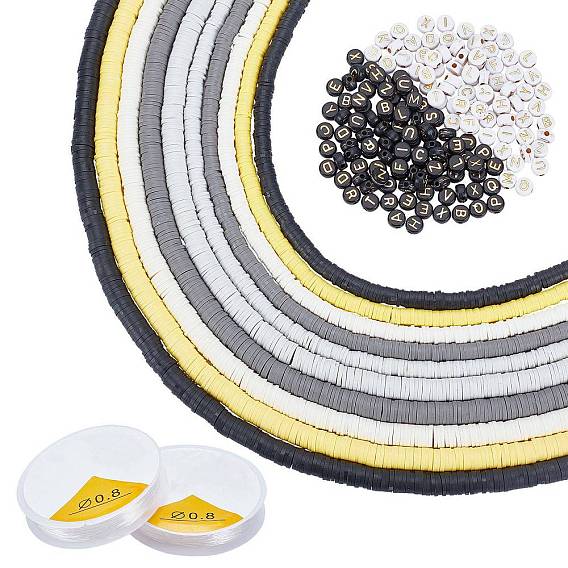 Flat Round Handmade Polymer Clay Beads, Disc Heishi Beads & Acrylic Beads, with Elastic Stretch Thread