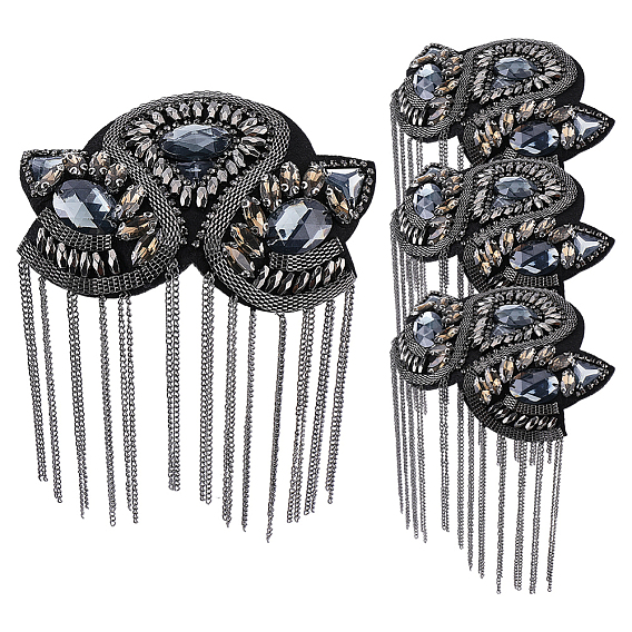 4Pcs Felt & Rhinestone & Iron Curb Chain Tassel Epaulettes, Shoulder Badges, with Brooch, Flower
