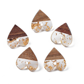 Transparent Resin & Walnut Wood Stud Earring Findings, with 304 Stainless Steel Pin and Gold Foil, Two Tone, with Hole, Heart