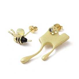 Brass Micro Pave Clear Cubic Zirconia Stud Earrings, Enamel Bees Asymmetrical Earrings