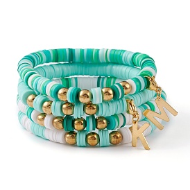 4 pcs 4 styles argile polymère heishi perles ensembles de bracelets extensibles, bracelets empilables, Avec des billes rondes en laiton, Pendentifs en acier inoxydable, lettre k & m, or
