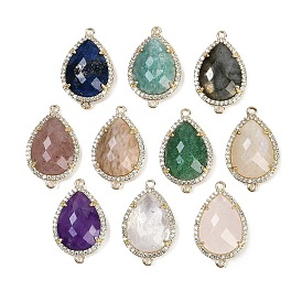 Natural Gemstone Faceted Teardrop Links, Rack Plating Brass Micro Pave Clear Cubic Zirconia Connector Charms, Golden