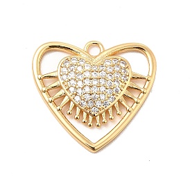 Brass Micro Pave Clear Cubic Zirconia Pendants, Heart Charm, Real 18K Gold Plated
