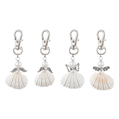 Décorations de pendentif en coquille naturelle enveloppée de fil et d'alliage d'ange, fermoirs pivotants breloques pour ornements de sacs