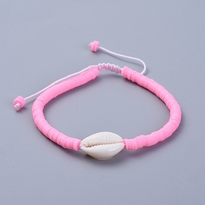 Eco-Friendly Handmade Polymer Clay Heishi Beads Braided Bracelets, with Cowrie Shell Beads and Nylon Cord