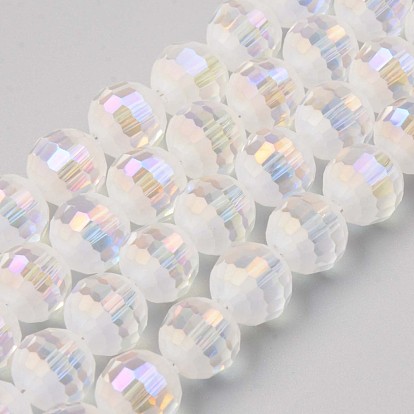 Glass Beads Strands, AB Color Plated, Half Frosted, Faceted Round