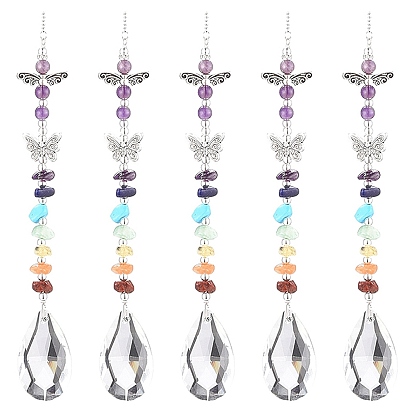 Glass Teardrop Chandelier Pendant Decorations, Hanging Suncatchers, Chakra Gemstone Chips and Butterfly Link for Home Office Garden Decoration