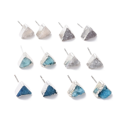 Natural Quartz Crystal Ear Studs, Triangle, with Brass Pins, Silver Color Plated