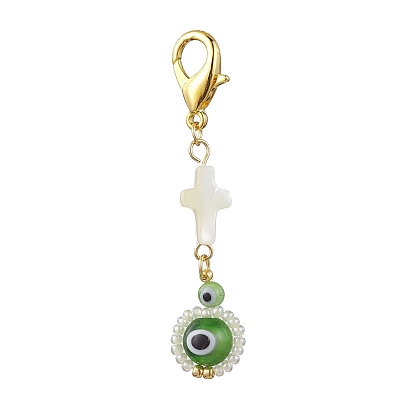Lampwork & Glass Seed Bead Pendant Decorations, with Shell Cross, Cross wiht Evil Eye