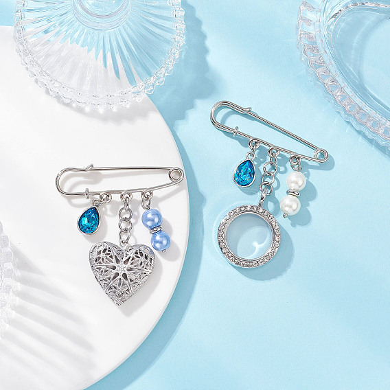 Контакты железа безопасности, 304 подвески-медальоны из нержавеющей стали с кристаллами и стразами из сплава, плоские круглые и сердце, со стеклянными жемчужными бусинами и стеклом, платина